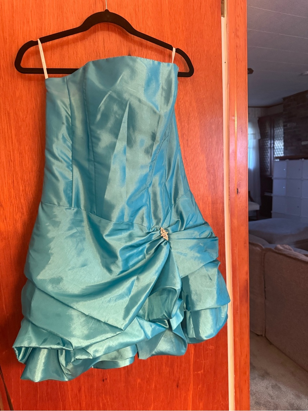 Jessica McClintock Teal Strapless Cocktail Dress with Accent Brooch